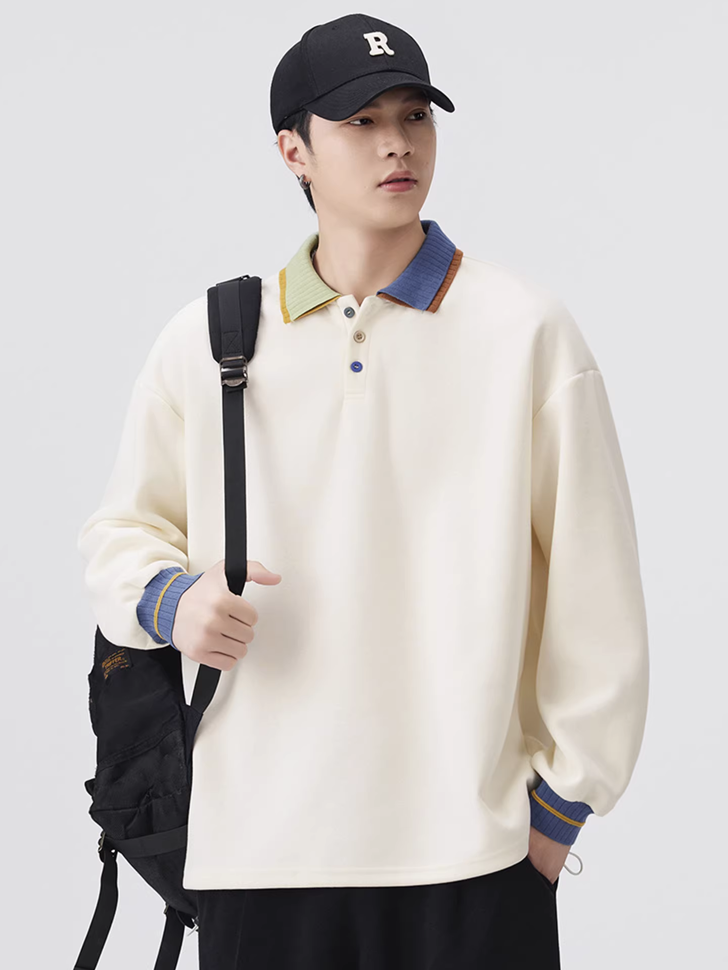 Áo nỉ nam phối màu đơn sắc, kiểu dáng mới xuân thu 2025, áo khoác kiểu polo dáng rộng phong cách đại học Mỹ