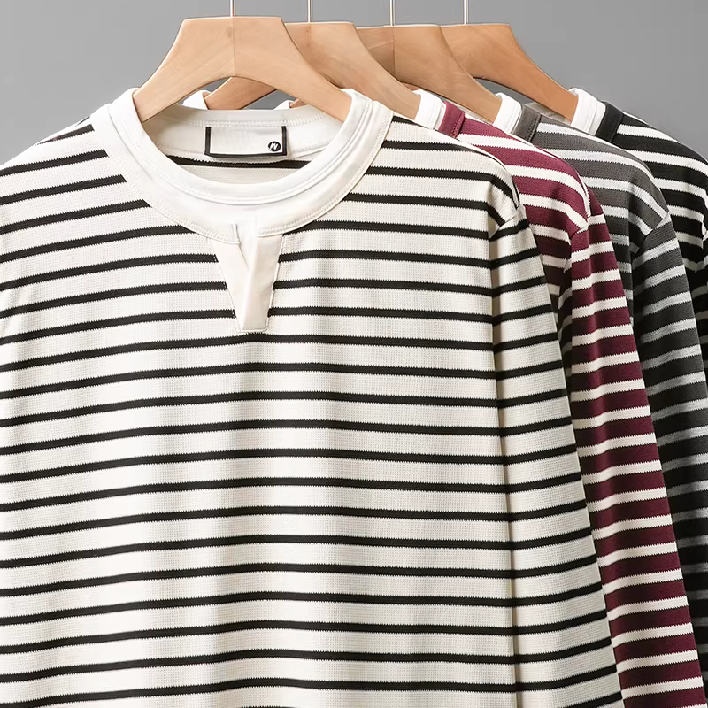 Áo thun nam tay dài giả hai lớp chất dày, kiểu Mỹ, mùa xuân thu 2025, mới, cổ V, kẻ sọc, mặc lớp trong