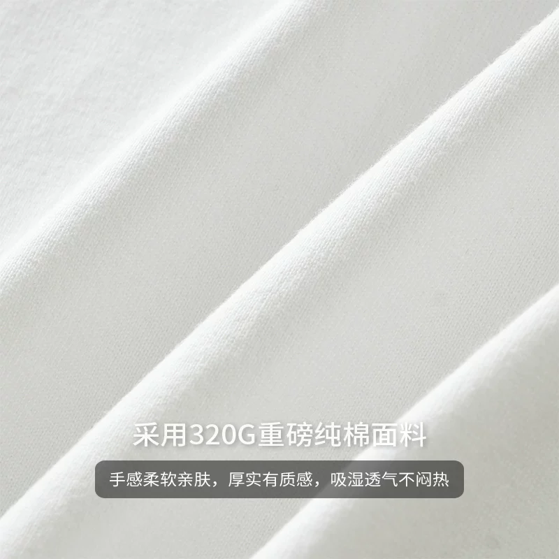 Áo thun dài tay bằng cotton nguyên chất hạng nặng 320G dành cho nam, áo nỉ cotton nguyên chất dáng rộng phong cách Mỹ mùa xuân và mùa thu, áo sơ mi lớp trong cổ tròn màu trắng.