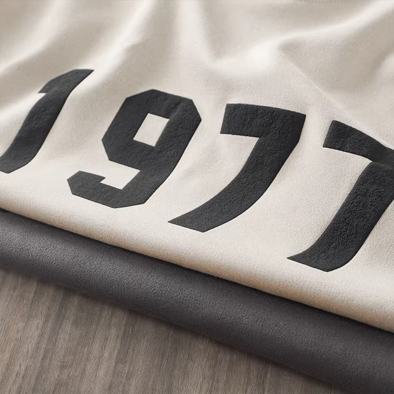 Áo thun da lộn hạng nặng kiểu Mỹ nguyên chất dành cho nam, tay ngắn, in hình bọt xốp 1977, cổ tròn, thiết kế rộng rãi, áo thời thượng.