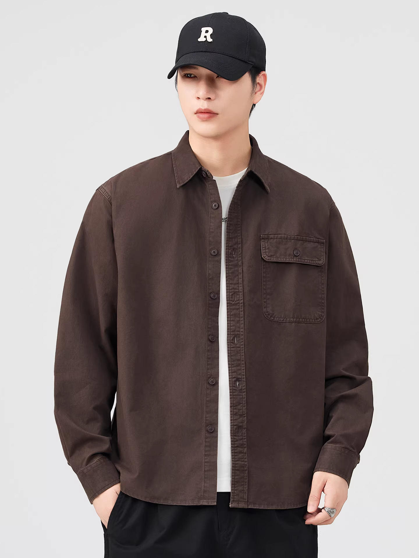 Áo sơ mi nam chất liệu cotton 100%, dày 400g, tay dài, mặc xuân thu, kiểu dáng Mỹ, chất liệu cotton nguyên chất, dáng rộng, cổ trụ.