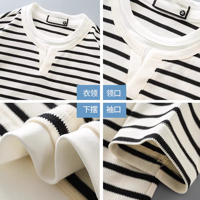 Áo thun nam tay dài giả hai lớp chất dày, kiểu Mỹ, mùa xuân thu 2025, mới, cổ V, kẻ sọc, mặc lớp trong