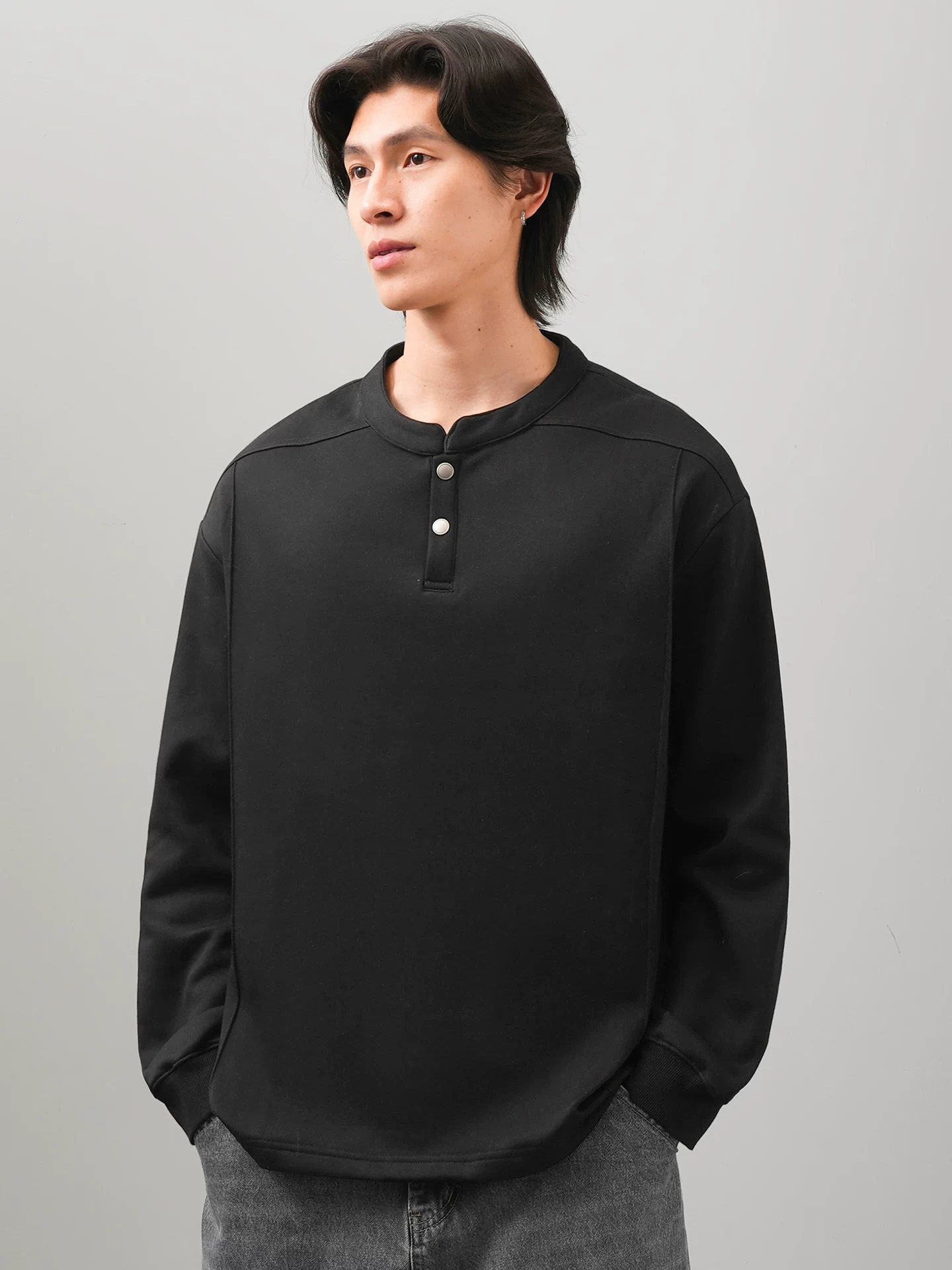 Áo thun nam cổ henley lót lông cừu bằng cotton nguyên chất cho mùa thu đông, áo sơ mi henley dáng rộng kiểu Mỹ, áo thun dài tay nặng 350G ấm áp.
