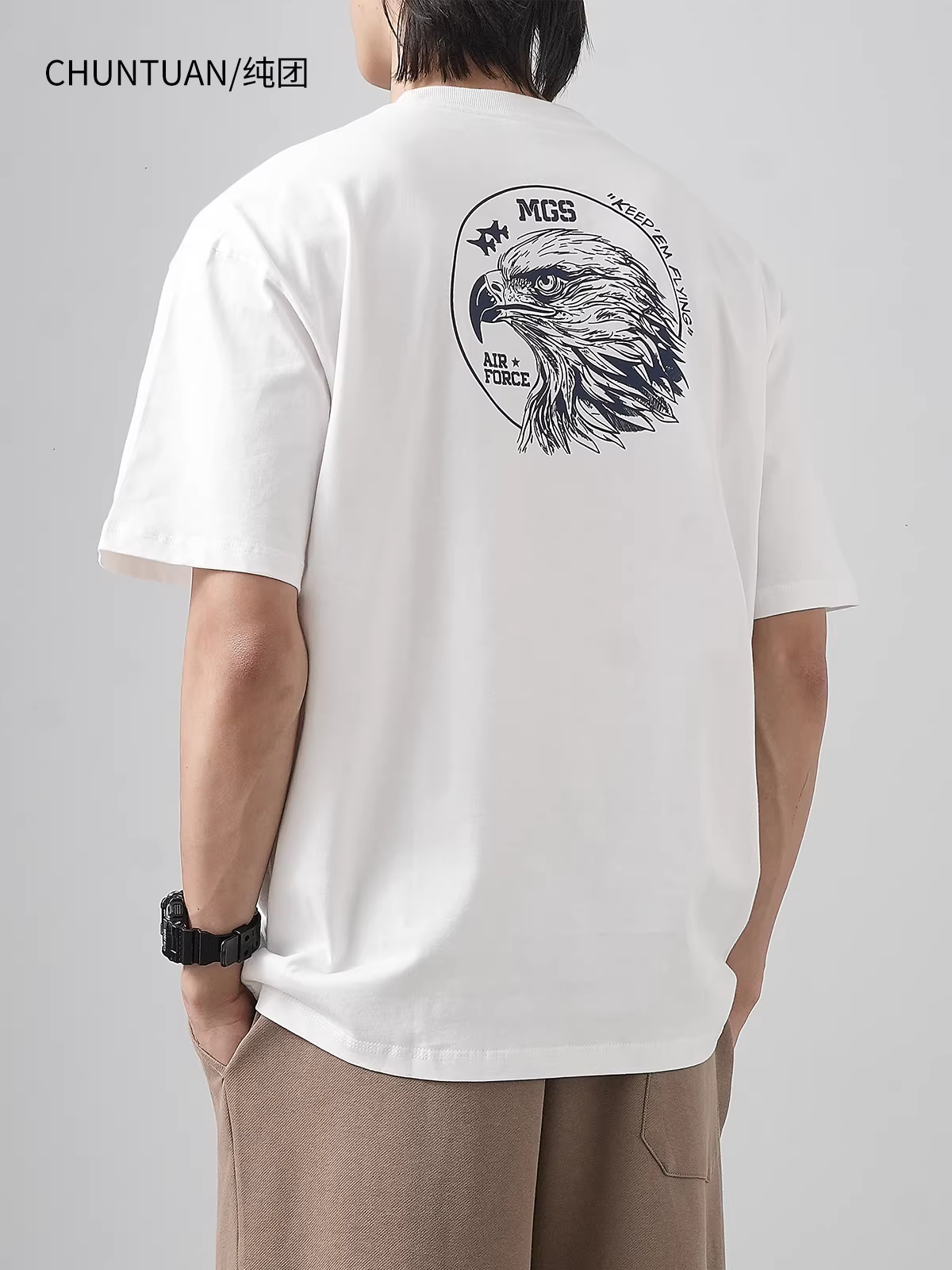 Áo thun cotton nguyên chất hạng nặng 320G dành cho nam, tay ngắn, áo in hình đại bàng cổ điển mùa hè của Mỹ, áo nửa tay cổ tròn dáng rộng dành cho nam