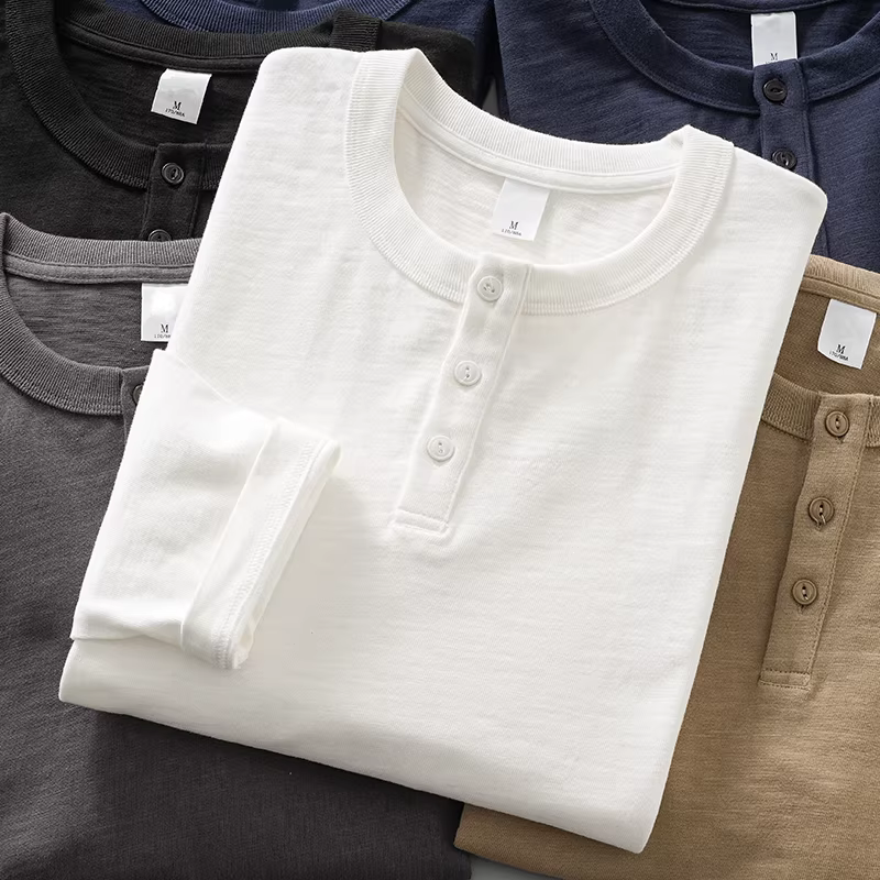 Áo thun nam tay dài cổ Henry chất liệu cotton nguyên chất 320G, áo sweatshirt phong cách retro Mỹ mùa xuân thu, áo lót cotton nguyên chất may ba đường chỉ.