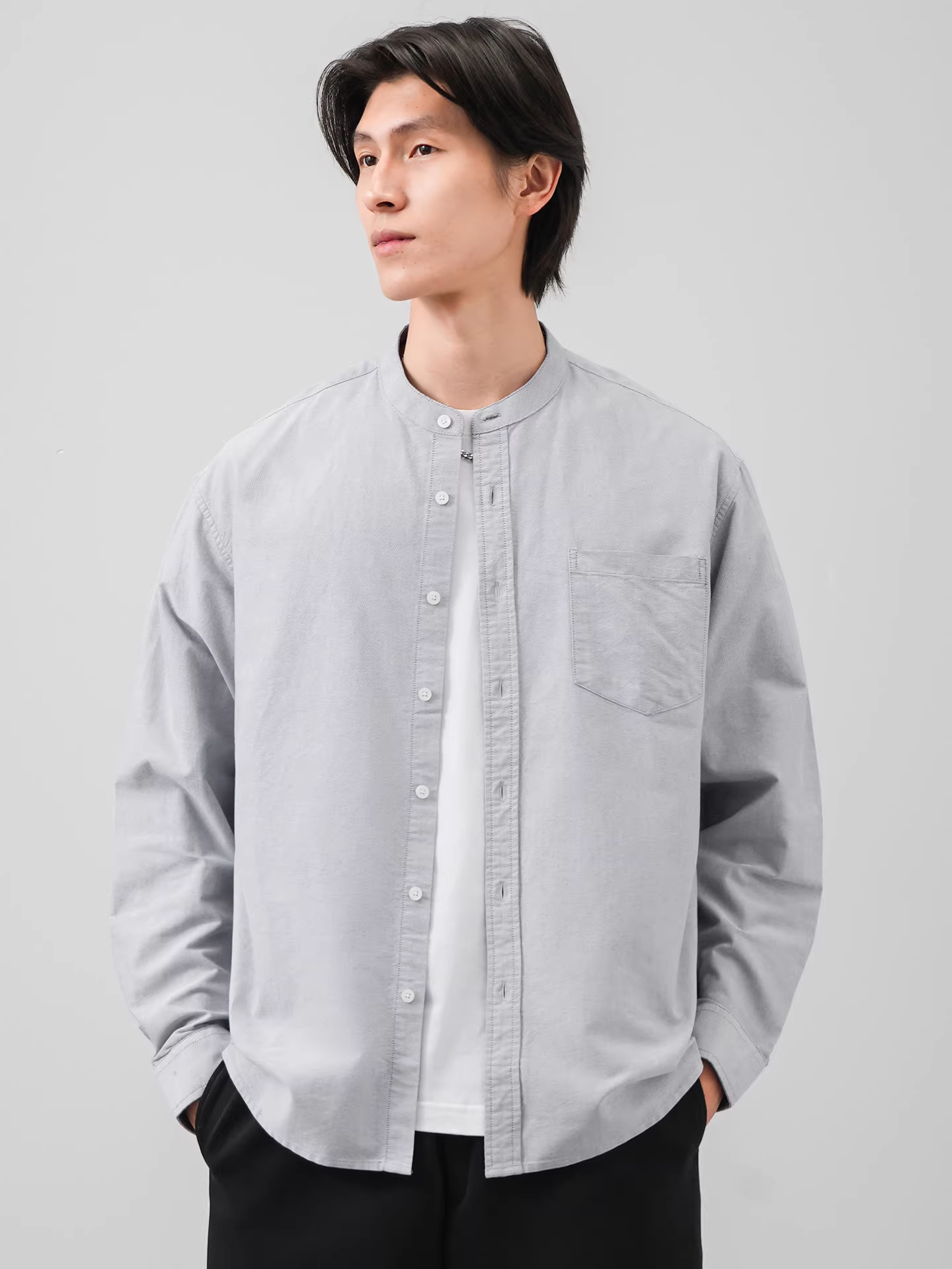 Áo sơ mi cổ đứng bằng vải cotton nguyên chất dành cho nam, dài tay, xuân thu, phong cách giản dị kiểu Mỹ, áo sơ mi trắng cao cấp, áo khoác cổ Henry.