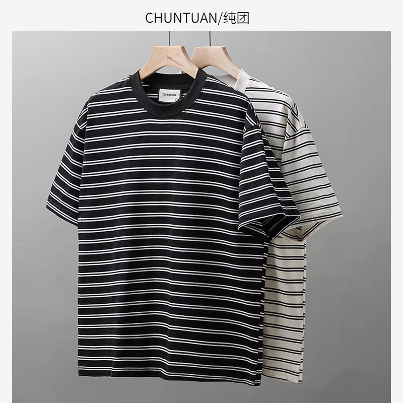 Áo thun sọc đen trắng hạng nặng 300G phong cách Nhật Bản thuần túy dành cho nam, tay ngắn, áo thun cổ điển bằng cotton nguyên chất mùa hè, tay lửng dành cho thanh thiếu niên.