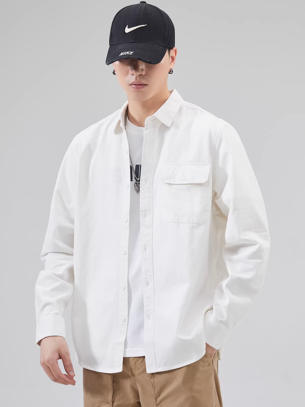 Áo sơ mi nam cotton nguyên chất hạng nặng 400G, dài tay, mùa xuân thu, phong cách Mỹ, dáng rộng, cảm giác cao cấp, có cổ, có túi, áo khoác công sở.