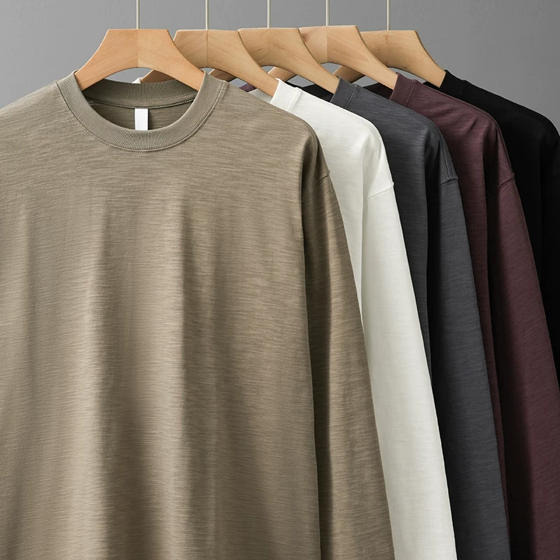 Áo thun cotton tre hạng nặng 320G dành cho nam, dài tay, mùa xuân và mùa thu, màu trơn cổ điển, cổ tròn rộng, áo thun cotton nguyên chất, áo lót dành cho nam.