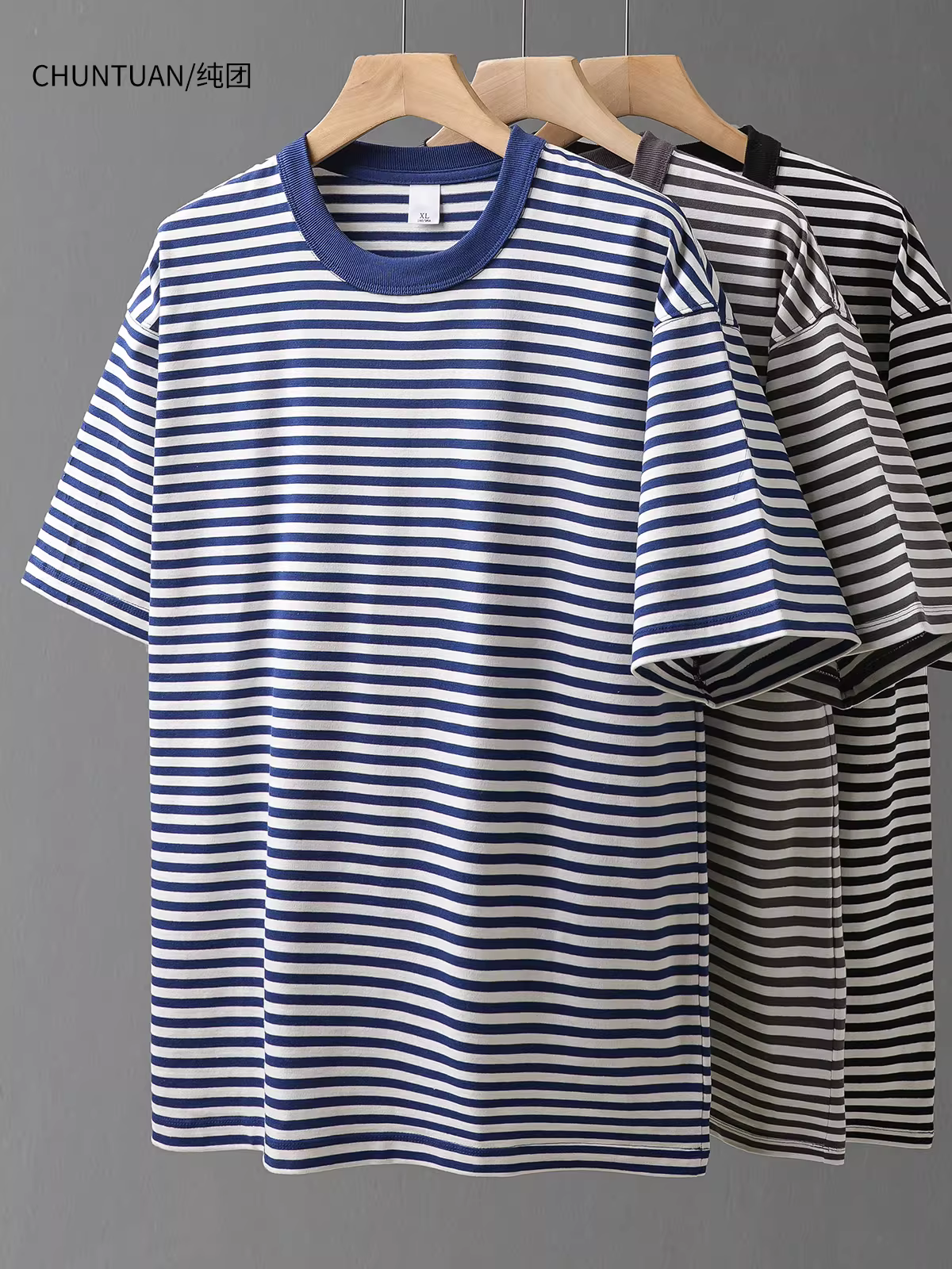 Áo thun cotton nguyên chất 320G dày dặn kẻ sọc dành cho nam, tay ngắn, kiểu áo thủy thủ cổ điển Mỹ mùa hè, áo cơ bản may ba lớp.