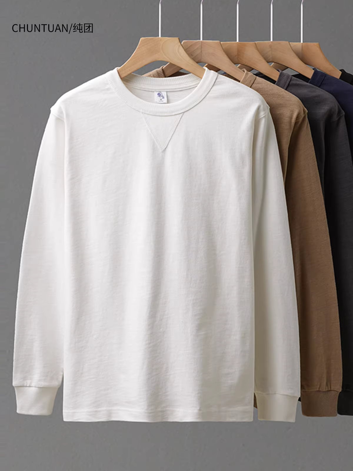 Áo thun dài tay bằng cotton nguyên chất hạng nặng 320G dành cho nam, áo len dáng rộng hình tam giác ngược phong cách Mỹ mùa xuân và mùa thu, áo sơ mi cổ tròn màu trơn