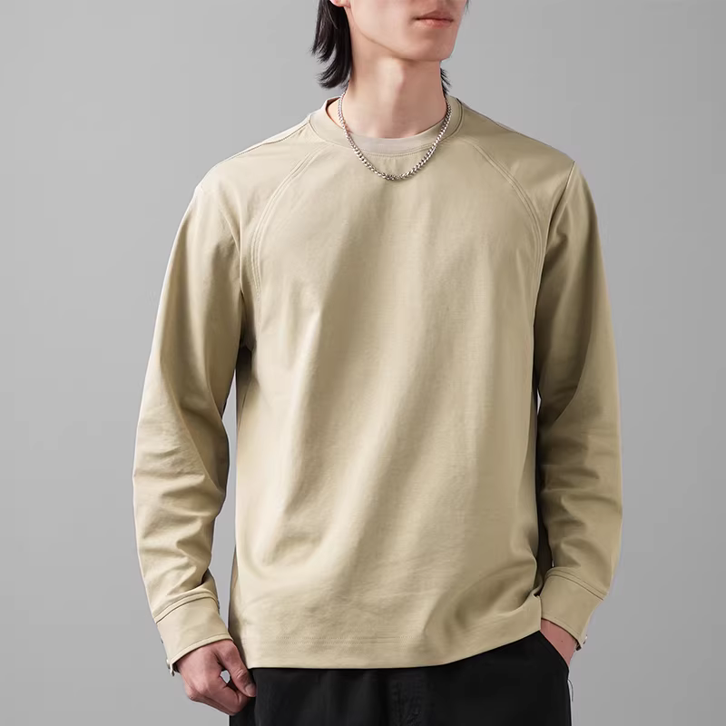 Áo thun nam tay dài chất dày, xuân thu 2025, kiểu tay áo sơ mi, phong cách Mỹ giản dị, dáng rộng, áo cổ tròn, áo trơn màu.