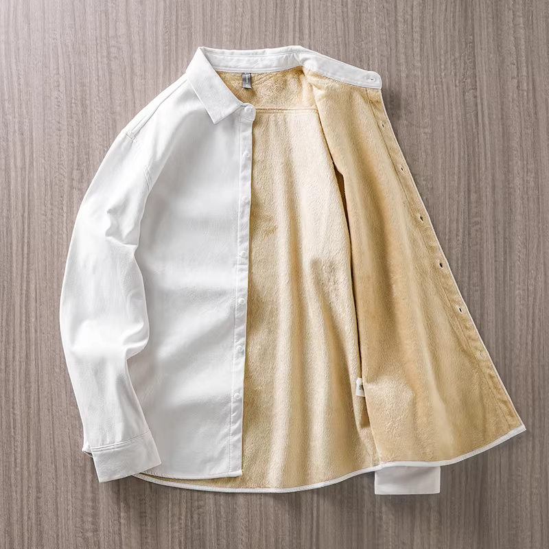 Áo khoác nỉ dày dặn 400G dành cho nam, phong cách Mỹ mùa thu đông, dày dặn và ấm áp, áo sơ mi cotton nguyên chất có cổ bẻ, áo sơ mi trắng.