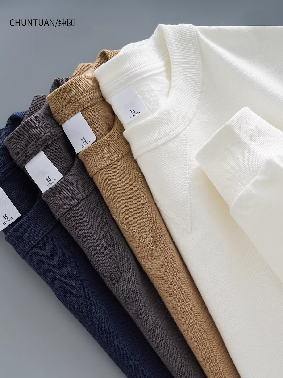 Áo thun nam tay dài chất liệu cotton 320G cao cấp, mùa thu đông 2024, kiểu dáng mới, cổ tròn, chất liệu cotton nguyên chất, áo lót ba kim màu trắng tinh khiết