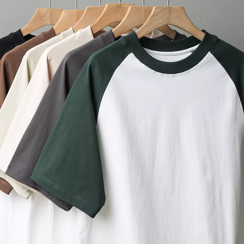 Áo thun tay raglan hạng nặng 300G dành cho nam, tay ngắn, phong cách mùa hè kiểu Mỹ, phối màu, cổ tròn, dáng rộng, tay áo năm phần bằng cotton nguyên chất dành cho cặp đôi dành cho nữ.
