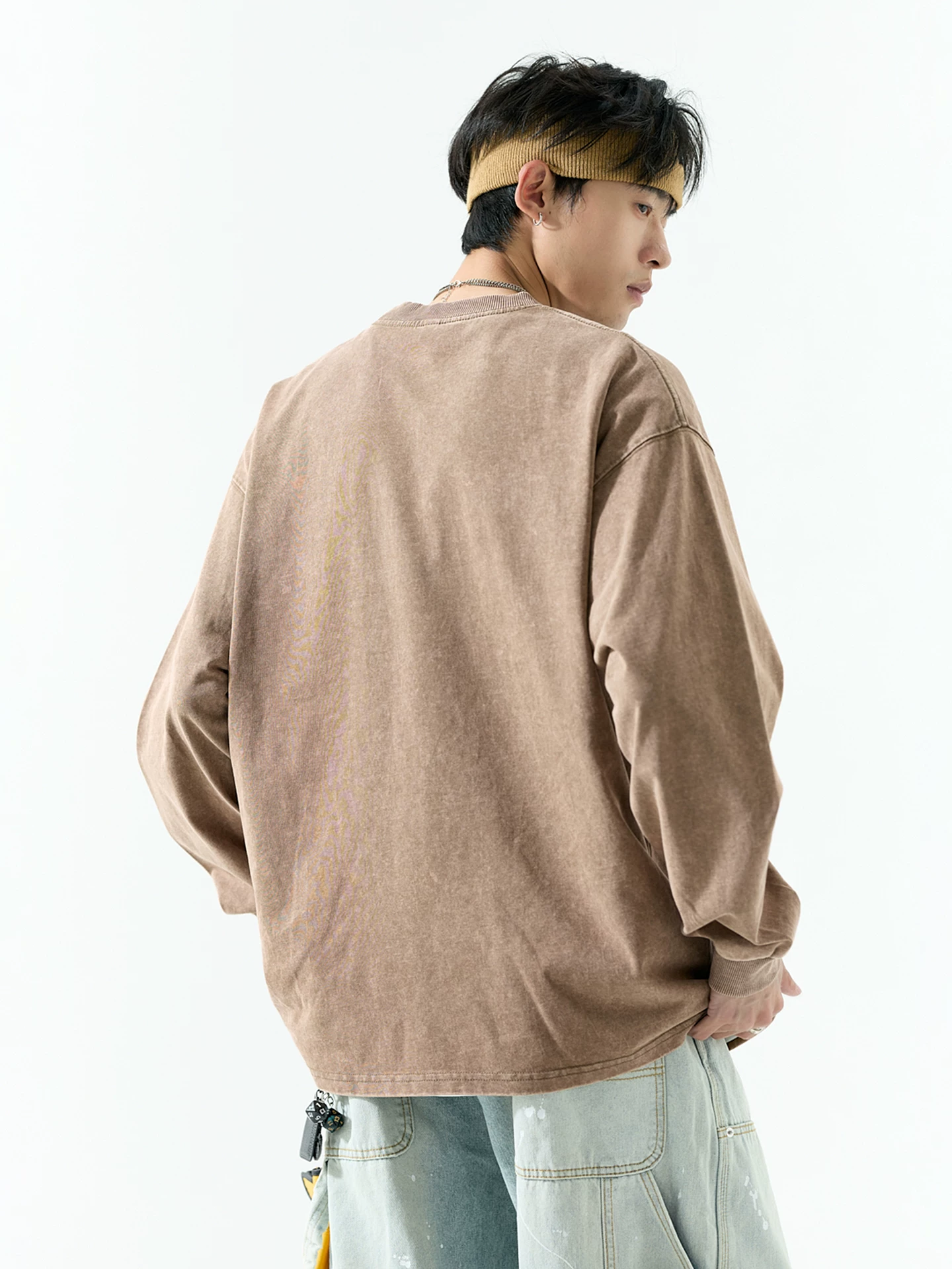 [Đã giặt và tạo kiểu] Áo thun cotton nguyên chất hạng nặng 400G dành cho nam, dài tay, mùa xuân và mùa thu, áo nỉ phong cách đường phố cao cấp của Mỹ, áo sơ mi cổ tròn