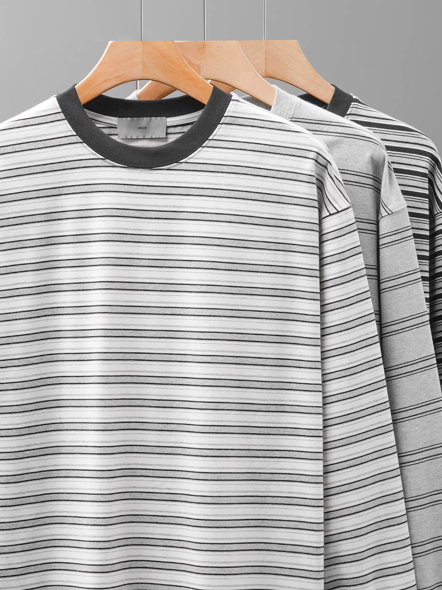 Áo thun sọc nặng ký dành cho nam, dài tay, xuân thu, áo nỉ phối màu cổ điển kiểu Mỹ, áo sơ mi cổ tròn rộng rãi.