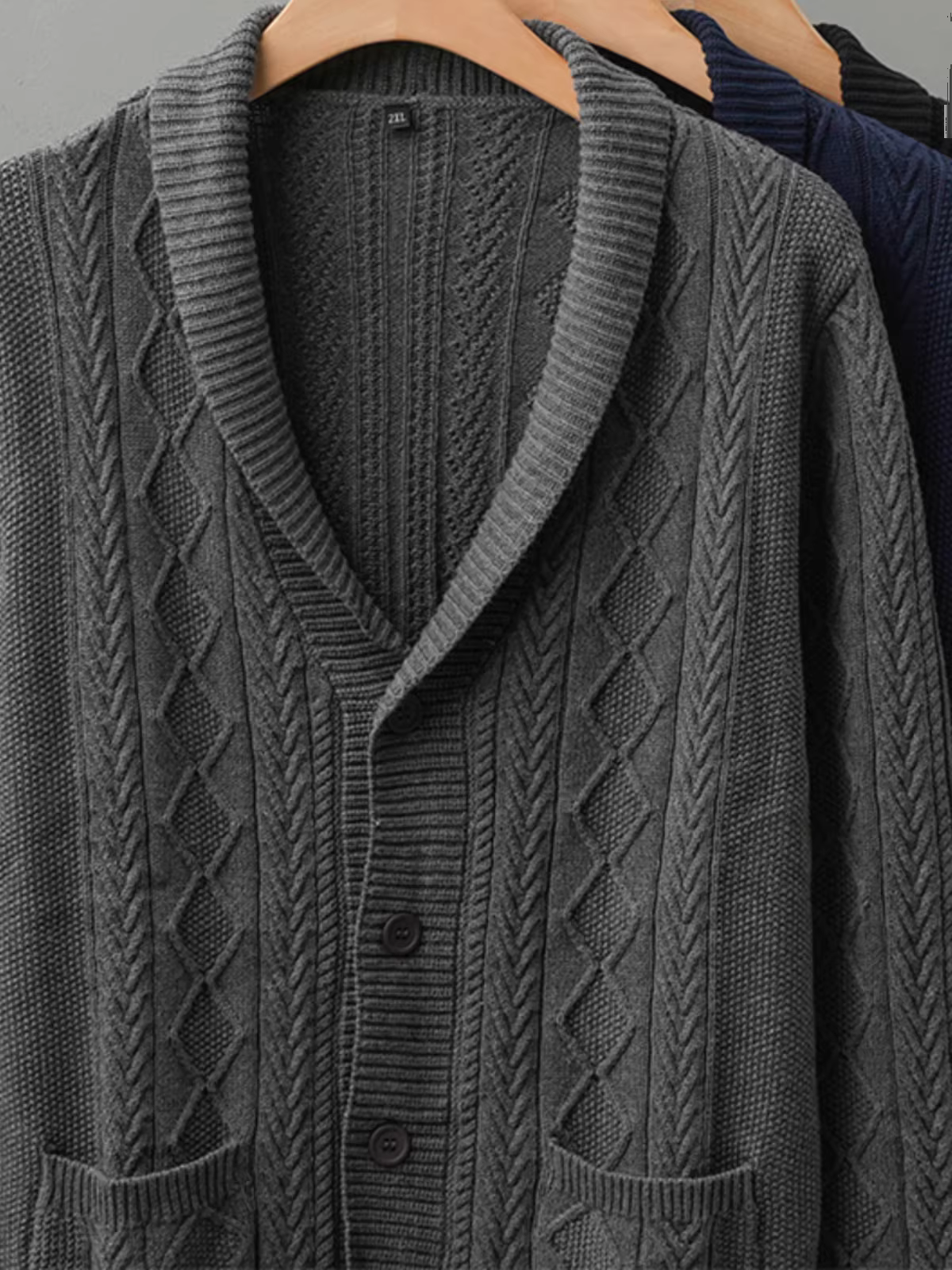 Áo len cardigan màu đen hạng nặng dành cho nam, kiểu dáng rộng rãi và giản dị, áo khoác dệt kim cổ chữ V màu trơn mùa thu đông.