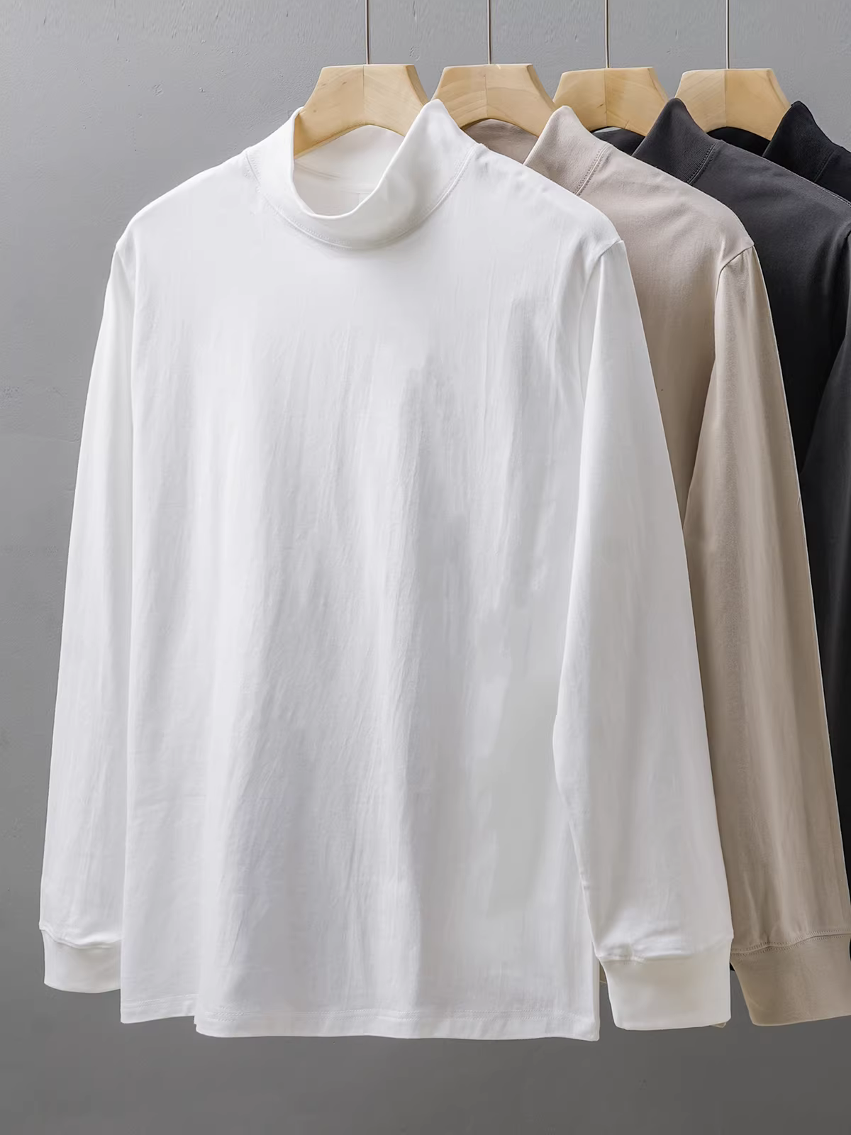 Áo sơ mi cổ cao nửa cổ kiểu Nhật Bản 280G dành cho nam, áo len cotton nguyên chất, dáng rộng cho mùa thu đông, áo thun dài tay màu trơn.