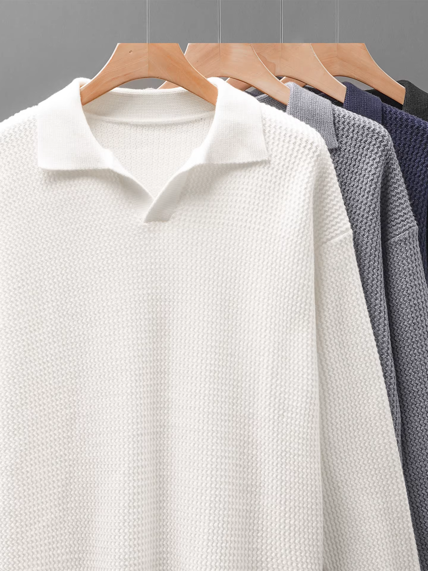 Áo len nam thu đông 2025 kiểu mới, chất liệu vải waffle cao cấp kiểu Mỹ, phong cách truyền thống thuần túy, cổ áo lật.