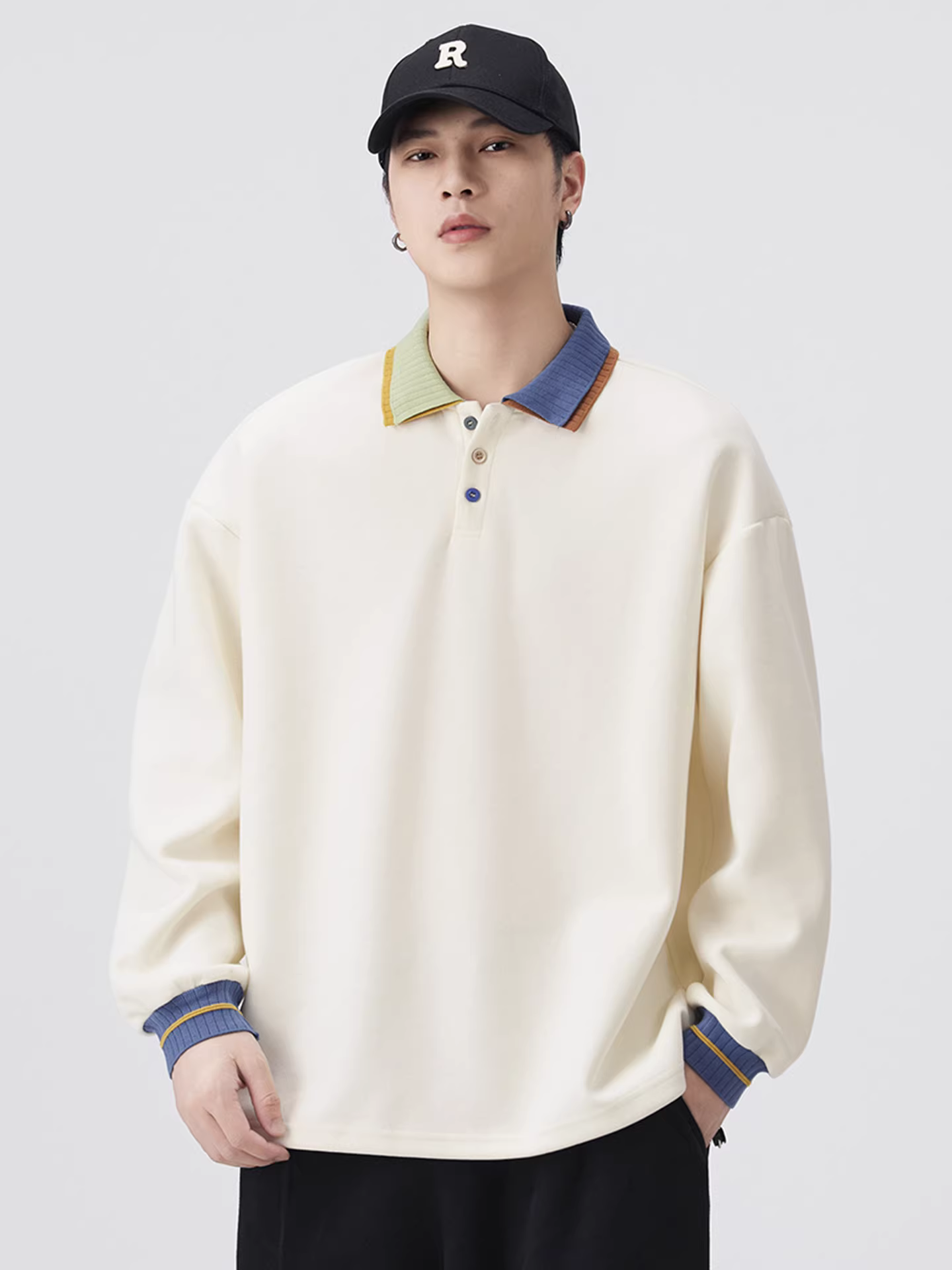 Áo nỉ nam phối màu đơn sắc, kiểu dáng mới xuân thu 2025, áo khoác kiểu polo dáng rộng phong cách đại học Mỹ