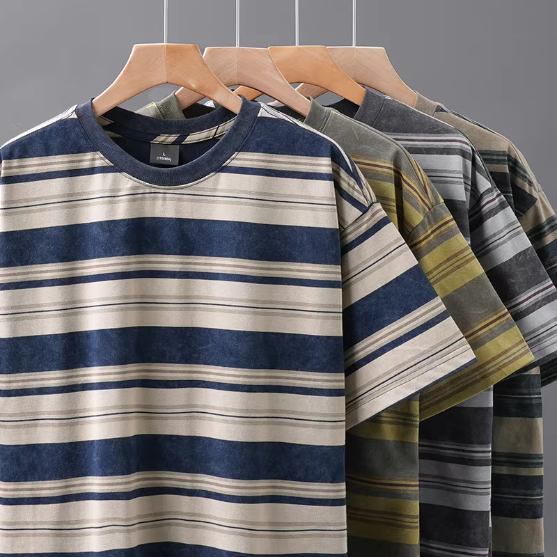 Áo thun ngắn tay sọc dày dặn 260g chất liệu cotton nguyên chất dành cho nam, mùa hè phong cách Nhật Bản cổ điển phối màu, dáng rộng cổ tròn, chất liệu cotton nguyên chất, tay lửng thời trang