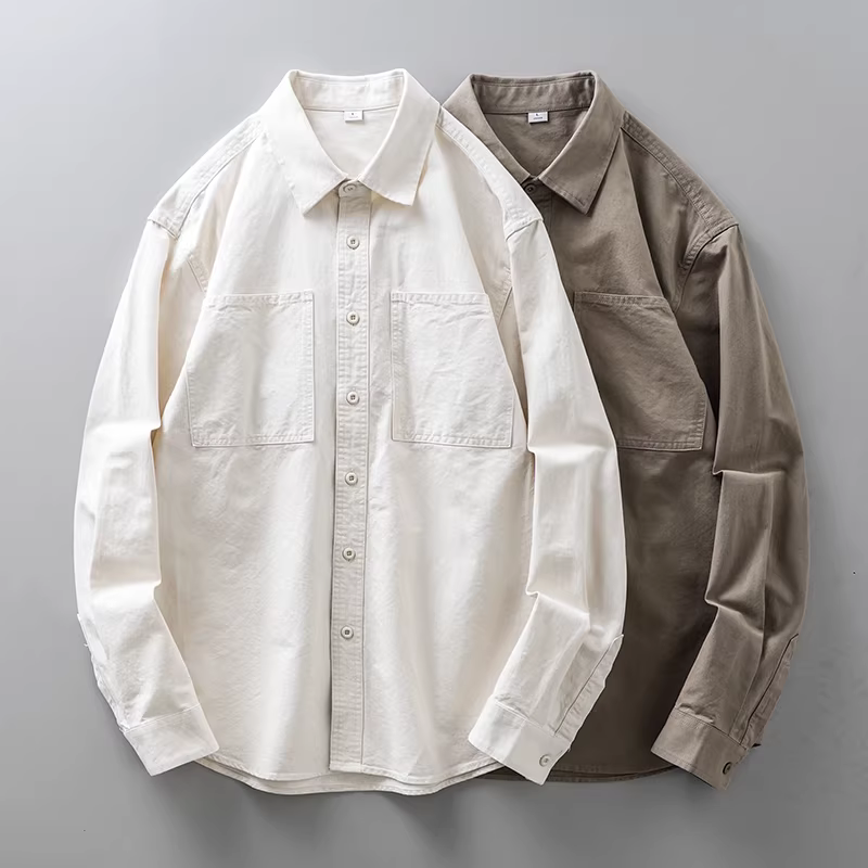 Áo sơ mi nam chất liệu cotton 100% dày dặn 400G, tay dài, mùa xuân thu 2025, kiểu dáng Mỹ cổ điển, rộng rãi, thoải mái, kiểu áo khoác