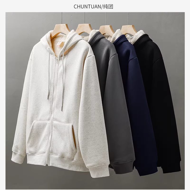 Áo khoác len cừu nặng 500g dành cho nam, áo khoác cotton ấm áp mùa thu đông, lót lông cừu và dày dặn, áo khoác cardigan có mũ trùm đầu, khóa kéo