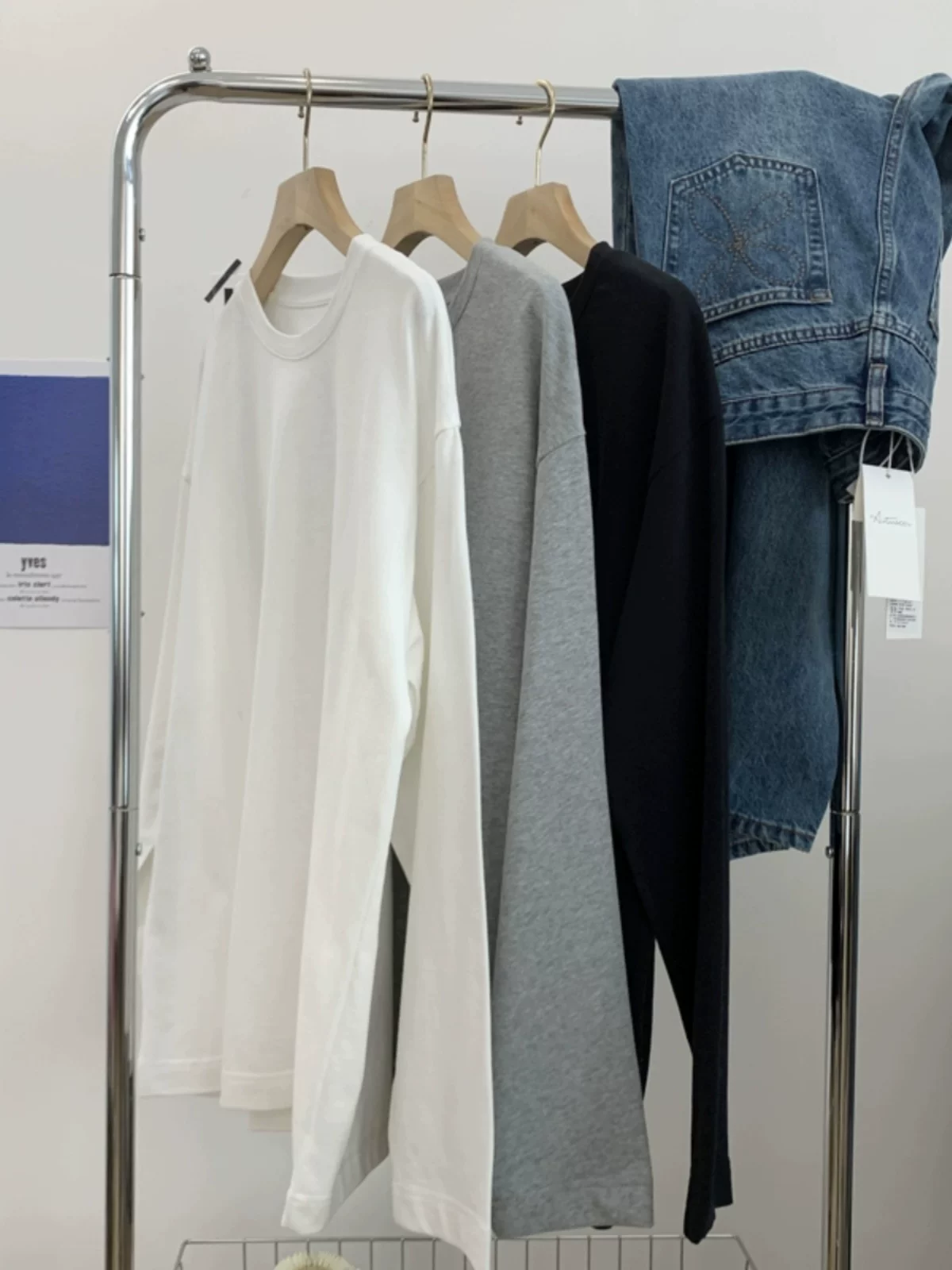 Outlet~ Thương hiệu xuất khẩu thanh lý mùa thu đa năng đơn giản màu trơn cotton nguyên chất áo thun dài tay dáng rộng