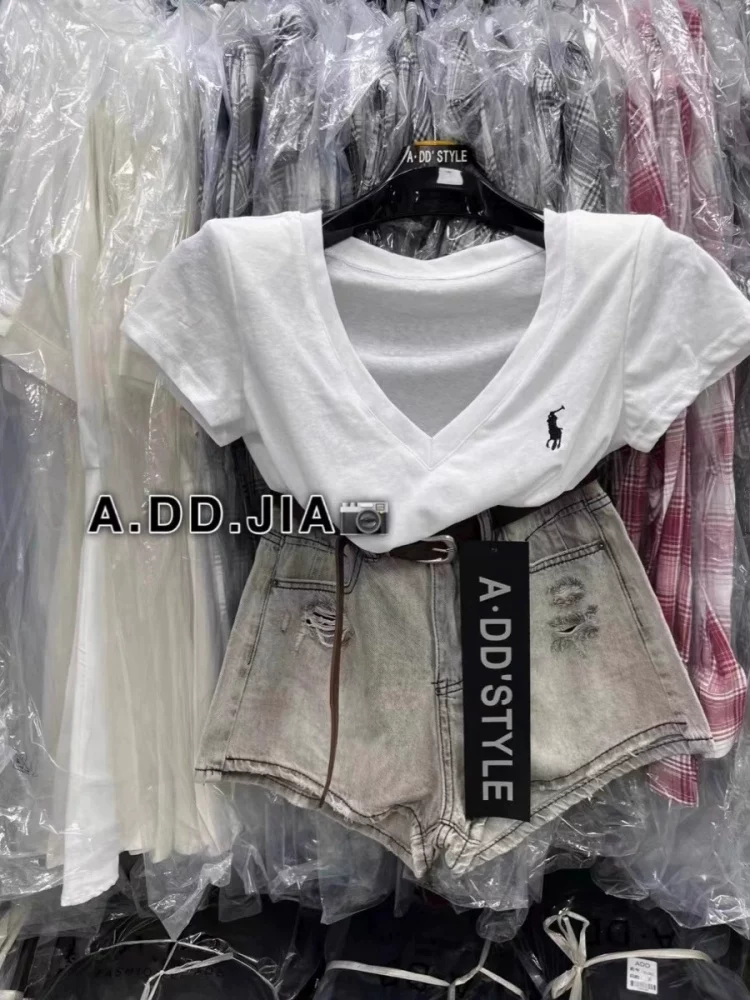 Outlet~ Áo thun nữ tay ngắn cổ chữ V mùa hè mới xuất khẩu hàng hiệu cotton nguyên chất