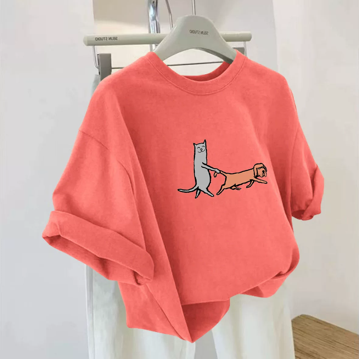 Giảm giá đặc biệt~ Hàng xuất khẩu dư thừa, áo thun cotton dày kiểu mới, dáng rộng, đa năng, mặc thường ngày, tay ngắn, giá ưu đãi