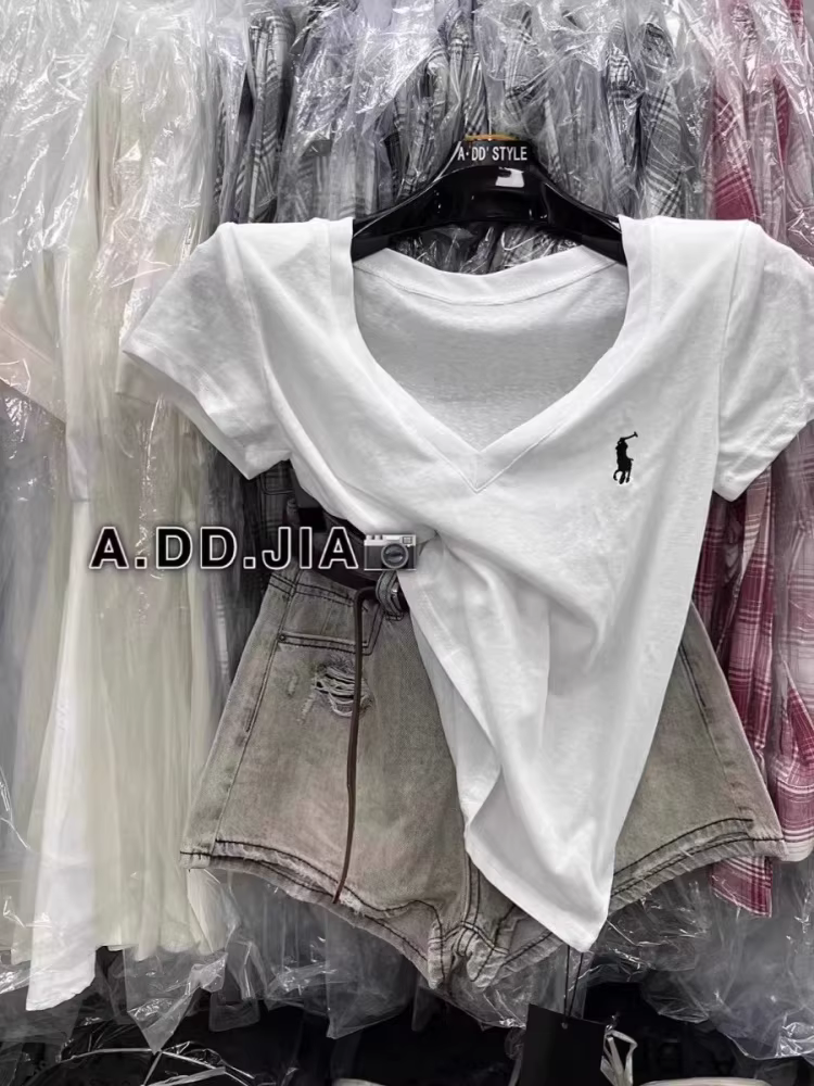 Outlet~ Áo thun nữ tay ngắn cổ chữ V mùa hè mới xuất khẩu hàng hiệu cotton nguyên chất
