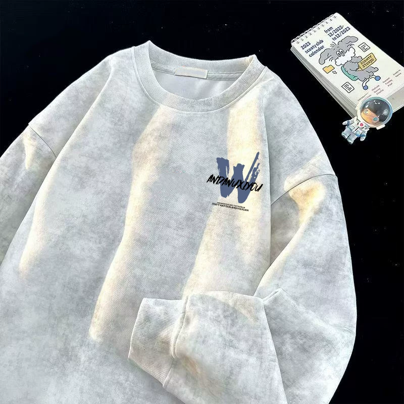 Áo nỉ cổ tròn rộng rãi, dày dặn, ấm áp, kiểu dáng Mỹ, chất liệu fleece lót lông, họa tiết tie-dye, hàng xuất khẩu, giá rẻ, mùa thu đông.