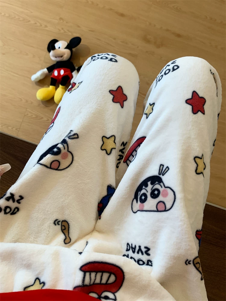 Outlet~ Quần ngủ Crayon Shin-chan dành cho nữ, quần dài cho mùa thu đông, quần mặc nhà bằng vải nỉ san hô ấm áp, quần mặc nhà thông thường