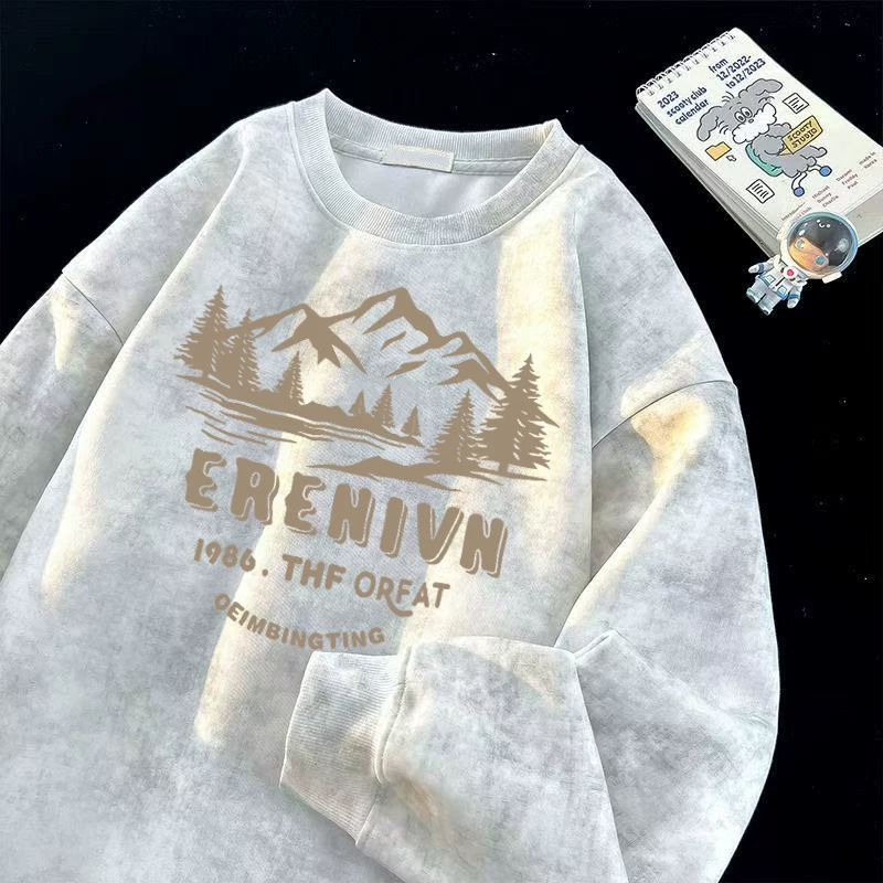 Áo thun nỉ cổ tròn dáng rộng, họa tiết tie-dye, có lớp lót lông cừu giữ ấm, thích hợp làm lớp áo lót, xuất khẩu từ cửa hàng thương hiệu Outlet~.
