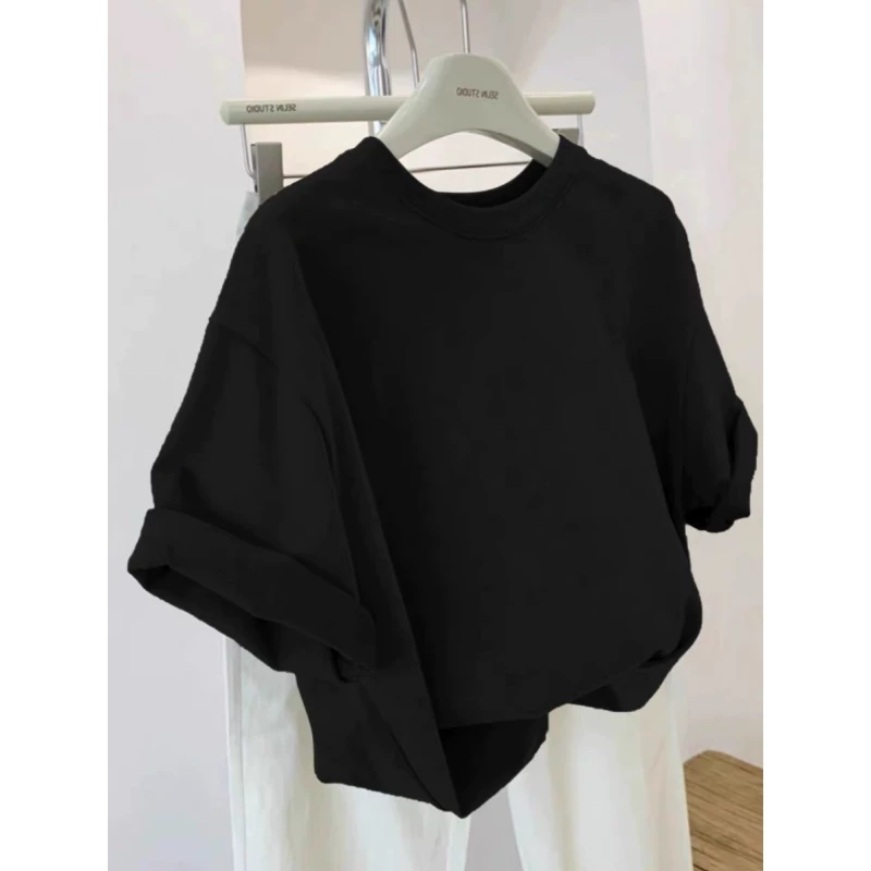 Xả kho hàng hiệu~ Hàng tồn kho xuất khẩu, hàng cắt mác, chất liệu cotton nguyên chất dày dặn, kiểu dáng Hàn Quốc mới, màu trơn, đa năng, áo thun tay ngắn rộng rãi