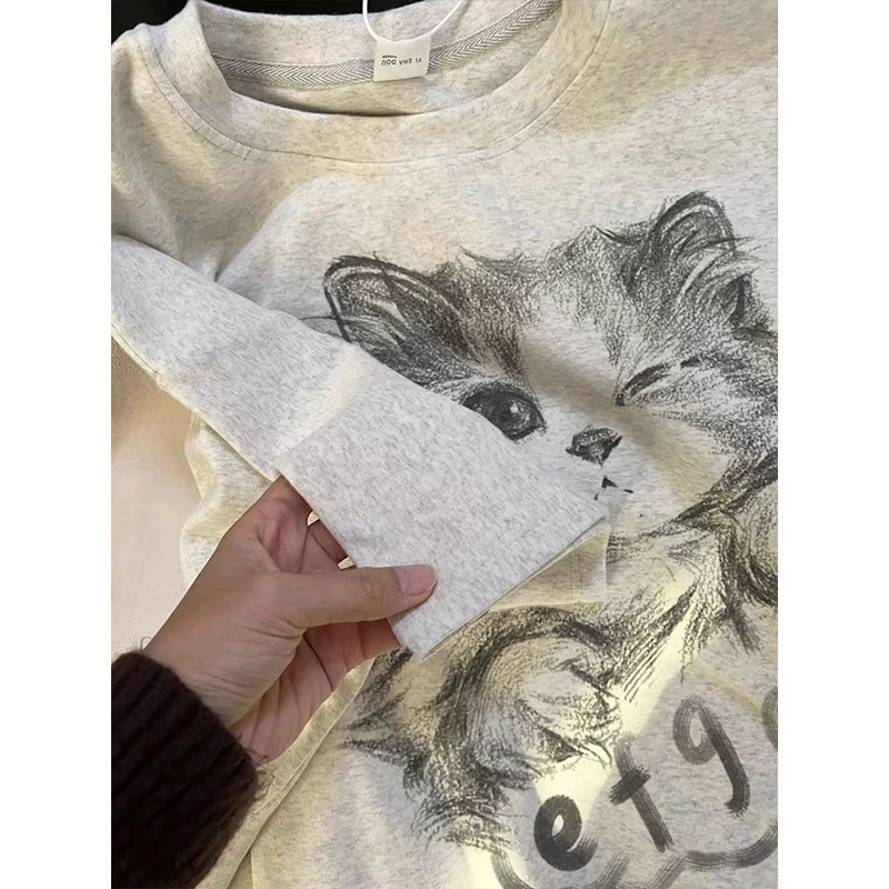 Hàng xuất dư chính hãng~ Áo thun ngắn tay in hình mèo phong cách Mỹ Hồng Kông, kiểu dáng rộng rãi, unisex, mùa hè