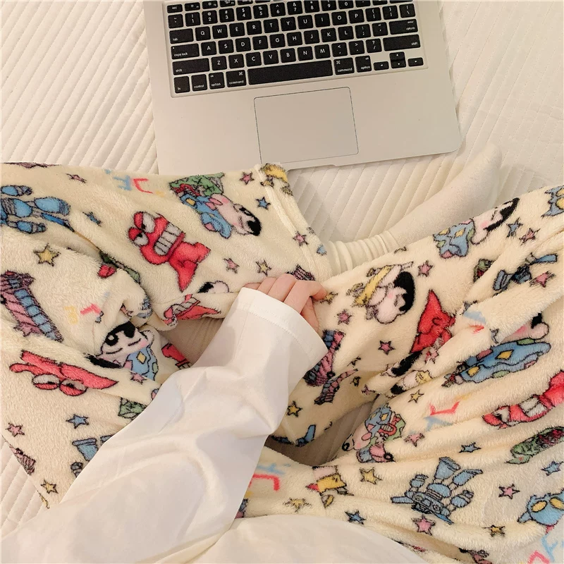 Outlet~ Quần ngủ hoạt hình dành cho nữ, chất liệu lông cừu san hô, lót lông cừu, ấm áp, vải flannel mới mùa thu đông, quần mặc nhà dễ thương