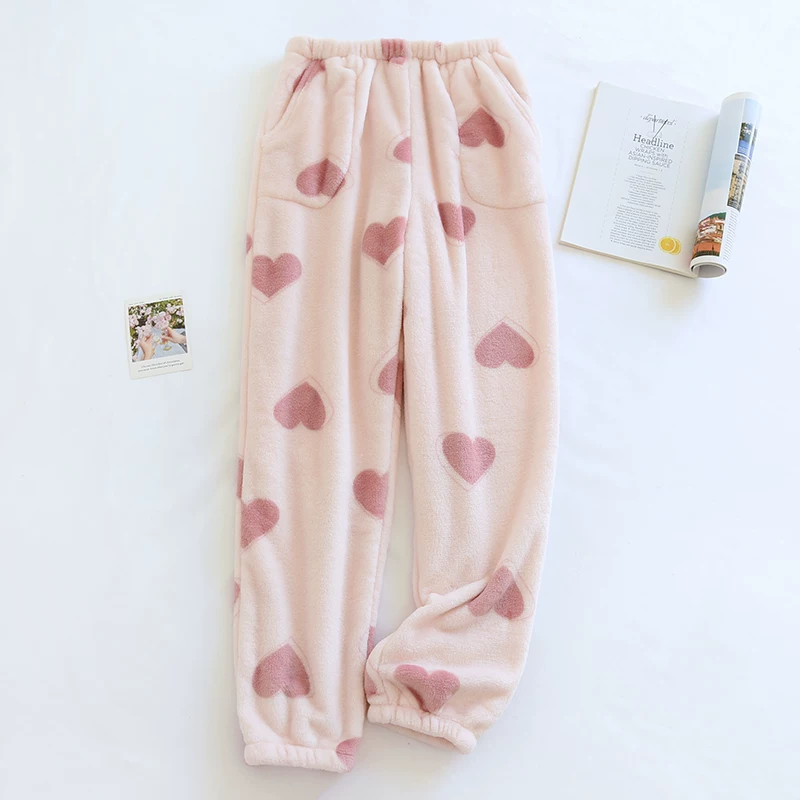 Outlet~ Quần ngủ bằng vải nỉ họa tiết trái tim mùa thu đông dành cho nữ, quần dài có bo gấu, quần mặc nhà bằng lông cừu san hô ấm áp