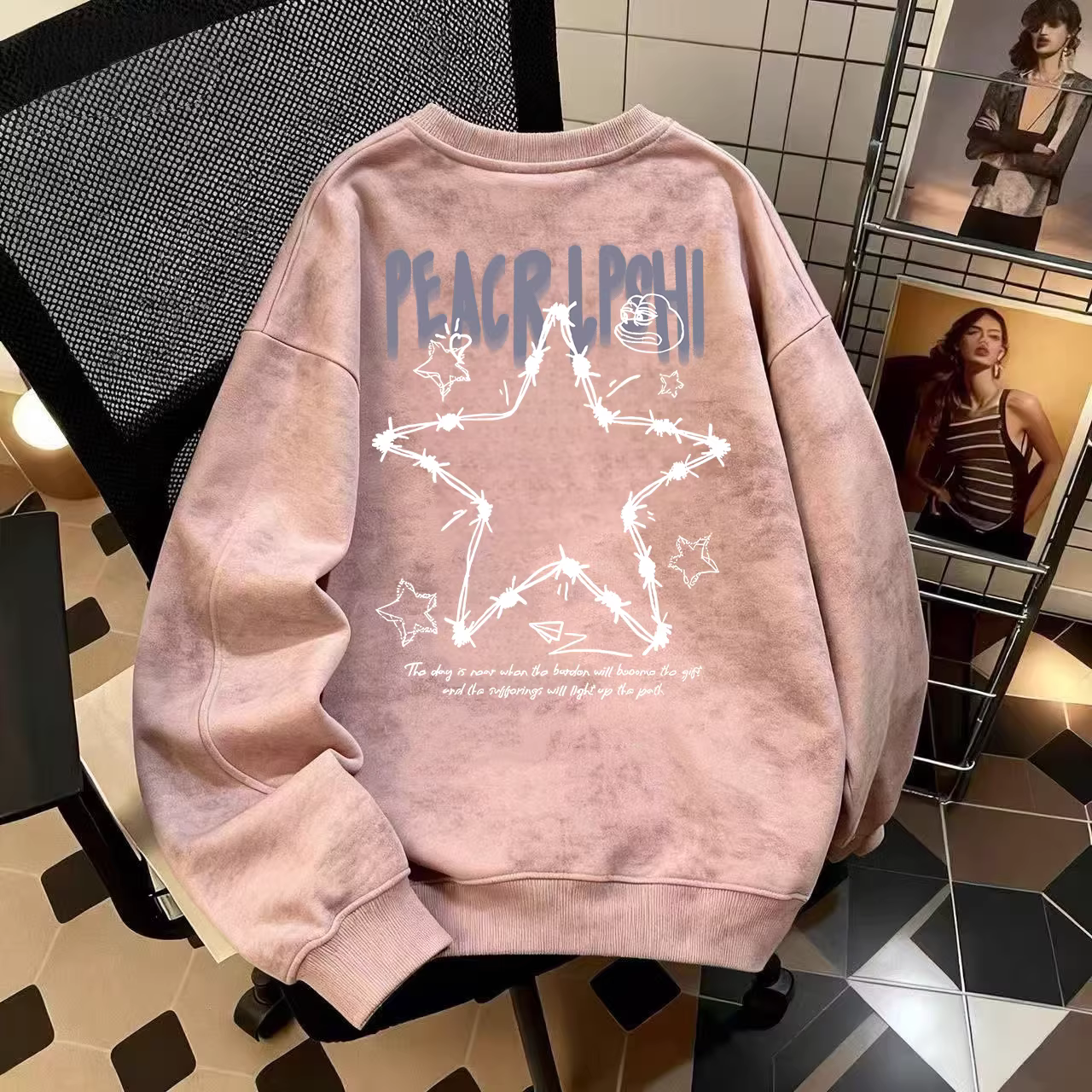 Áo nỉ cổ tròn dáng rộng phong cách Mỹ, chất liệu lông cừu giữ ấm, họa tiết tie-dye, hàng xuất khẩu, giá rẻ, mùa thu đông, thời trang.