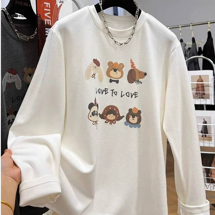 Outlet~ Áo thun dài tay nhung dày dặn xuất khẩu thương hiệu Đức, họa tiết hoạt hình dành cho nữ, áo ấm mùa thu đông