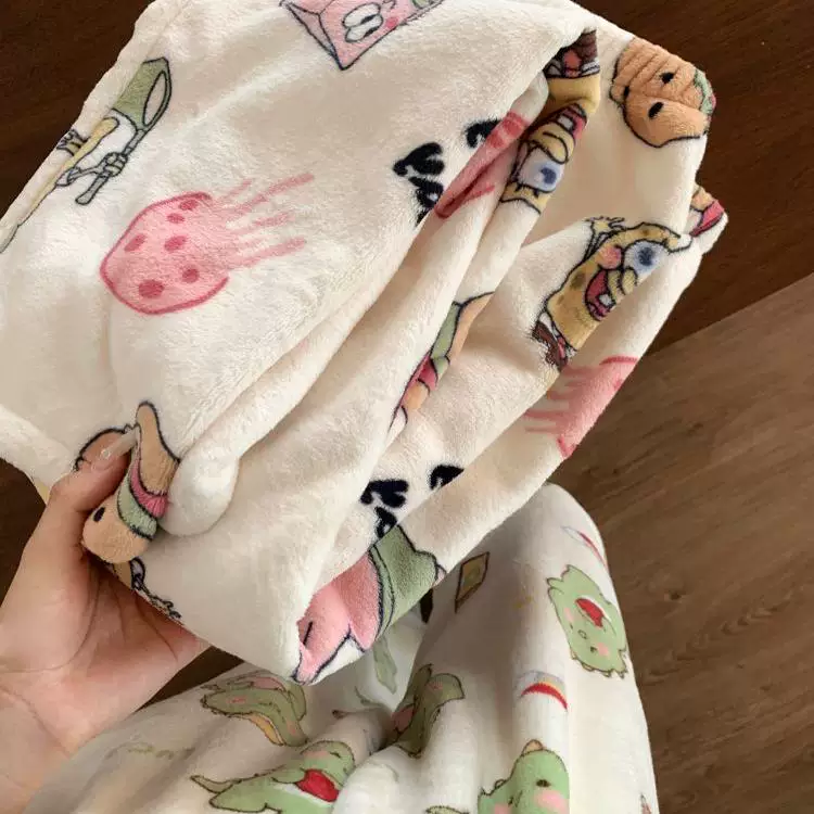 Quần ngủ bằng lông cừu san hô kiểu Outlet~ins dành cho nữ, dày dặn mùa thu đông, ngọt ngào, giản dị, quần mặc ở nhà rộng rãi có thể mặc ra ngoài.