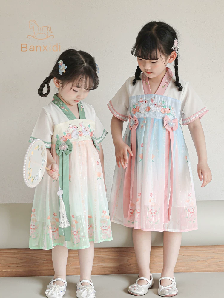 Váy Hanfu cho bé gái mùa hè phong cách mới váy công chúa bé gái váy trang trọng cho bé một tuổi váy trẻ em phong cách Trung Quốc.