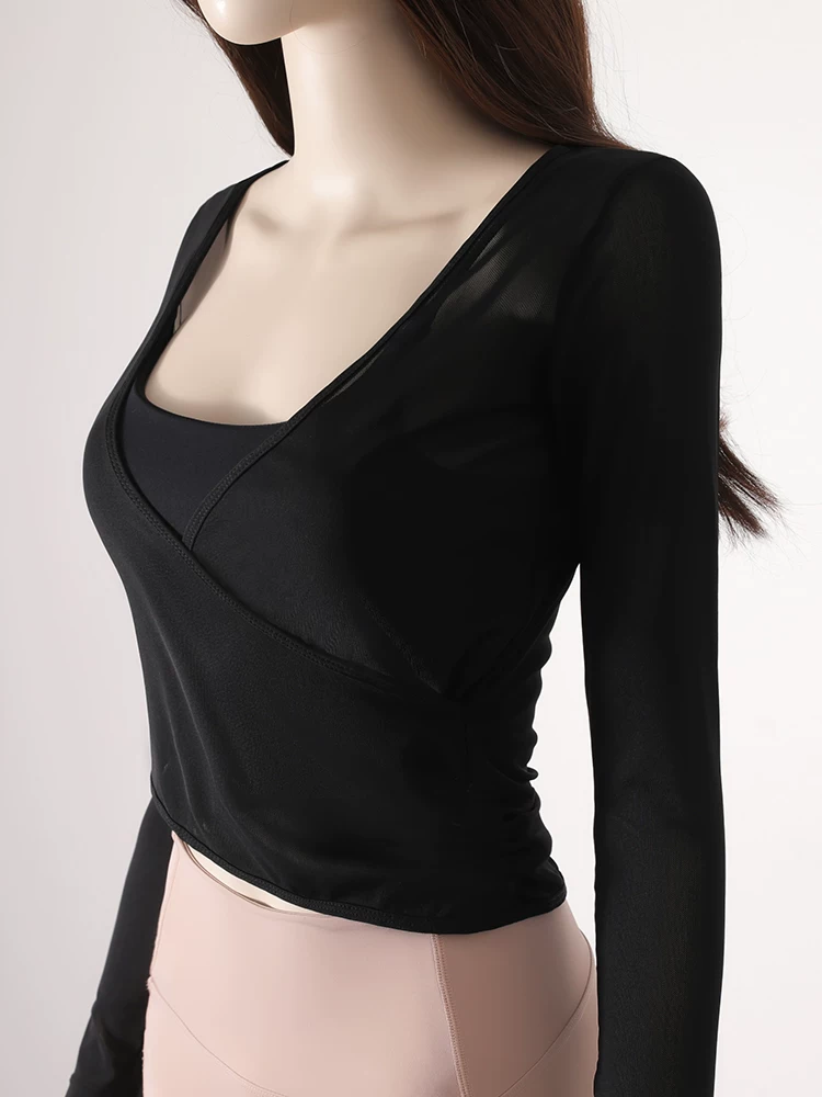 Áo thun tập yoga dài tay xếp ly chéo dành cho nữ, áo tập thể thao ôm sát tạo cảm giác thoải mái như không mặc, áo khoác ngoài tập yoga nhanh khô cho mùa thu