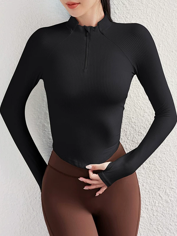 Quần áo tập yoga cho nữ, áo thể thao cổ đứng mùa thu đông, áo khoác dài tay ôm sát nửa khóa kéo, quần áo tập thể dục chạy bộ
