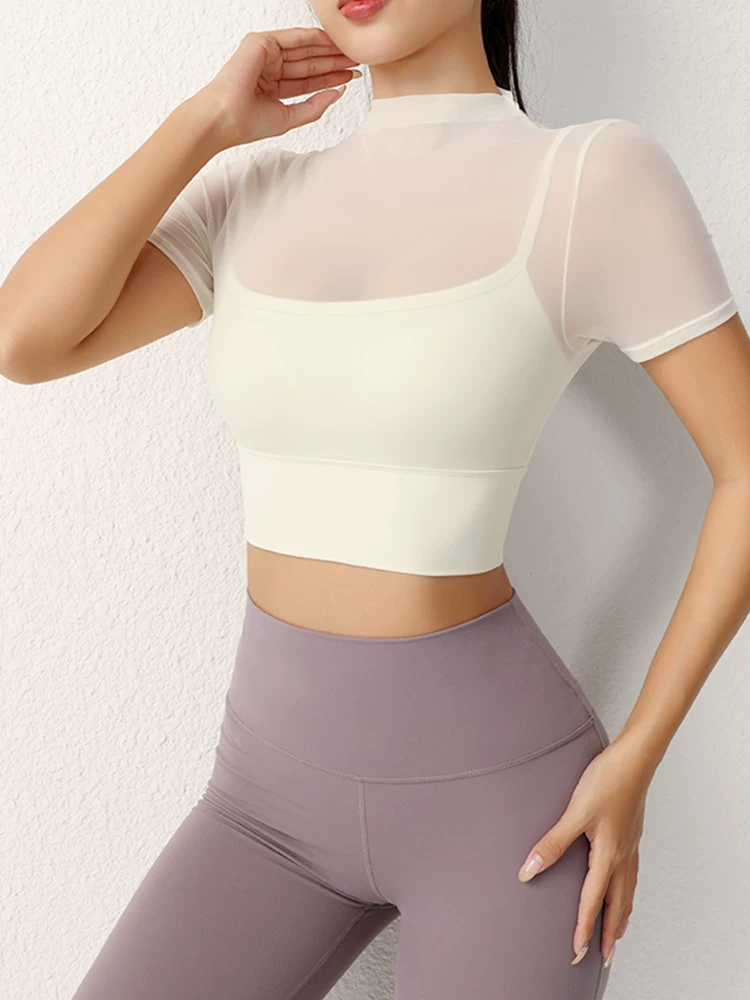 Đồ tập yoga lưới gợi cảm, thiết kế đẹp mắt, áo liền thân ngắn tay dành cho nữ, có mút ngực tích hợp, áo thun thể thao, áo tập gym.