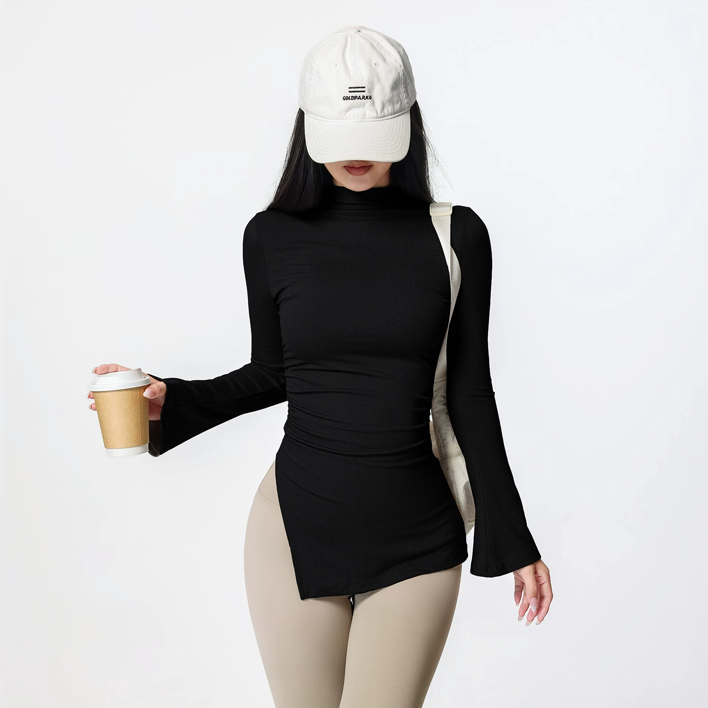 Jiumai Cao cấp Cổ cao nửa cổ che hông Quần áo tập yoga bó sát thể thao tay dài loe Áo tập Pilates Mới.