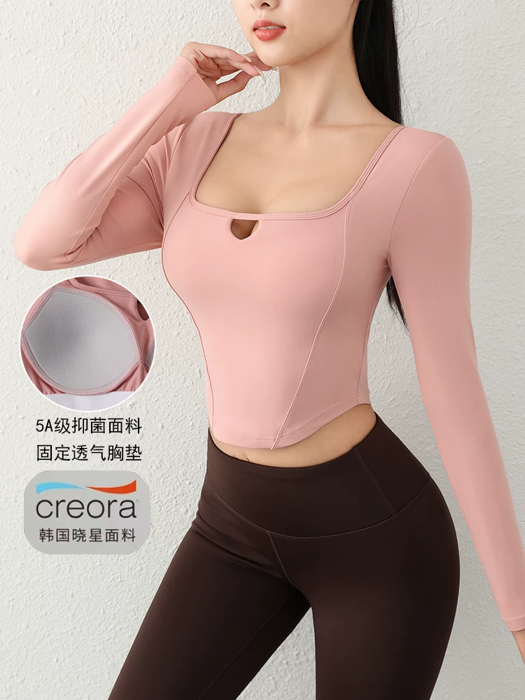 Áo tập yoga Jiumai Yipin Fishbone Line có miếng đệm ngực, áo thể thao cổ vuông dài tay giúp giảm béo cho mùa xuân và mùa thu.