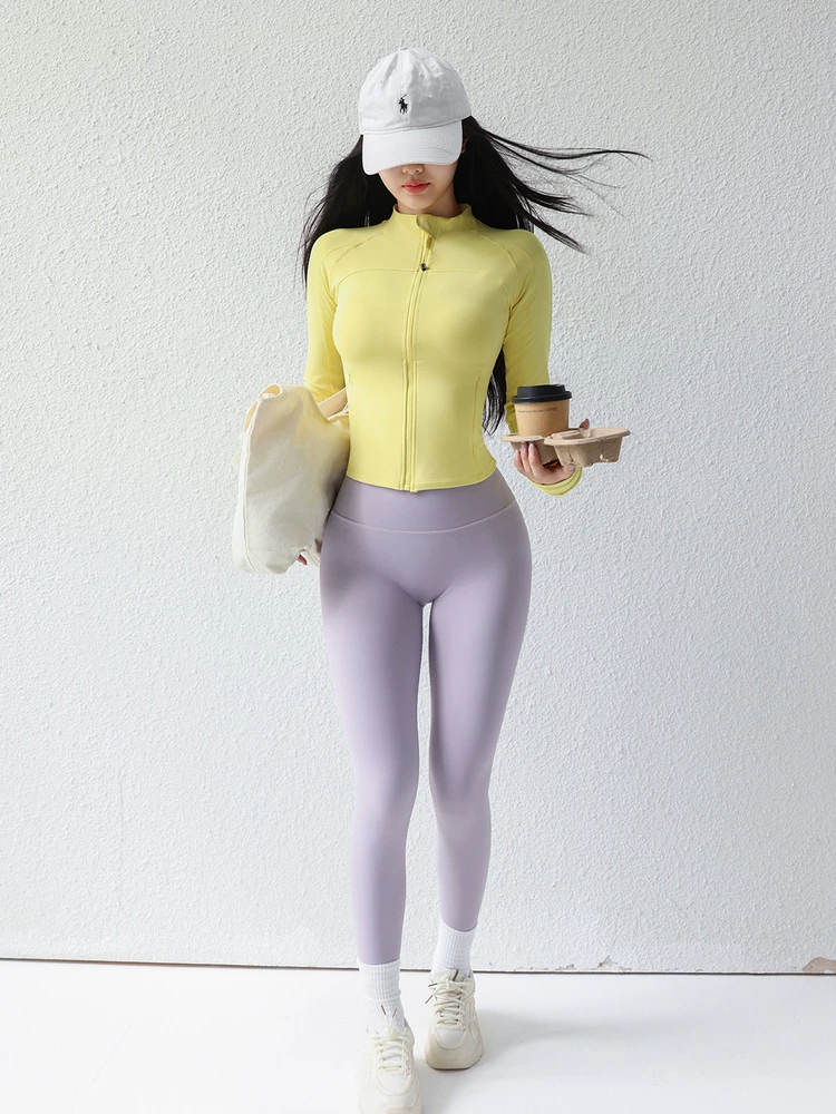 Áo khoác yoga cổ đứng ngắn cho nữ, áo thể thao ôm sát có gân, trang phục tập luyện Pilates, tay áo dài.