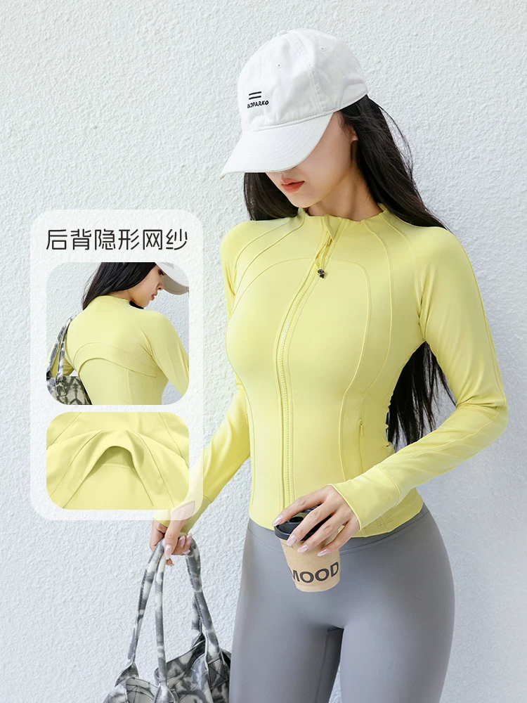 Áo khoác thể thao Jiumai Yipin dành cho nữ, tay dài, trang phục tập yoga ôm sát, phong cách xuân thu mới, áo tập thể dục ôm eo.